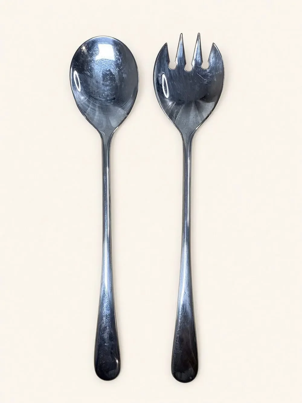 Vintage Silverplate Italy Salad Serving Set Spoon Fork Plain Minimalist Design
